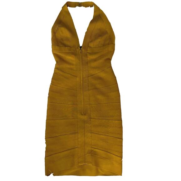 Herve Leger Bodycon Lilou Halter Dress HOI6R627 GOLDEN SUN/S - Picture 1 of 15
